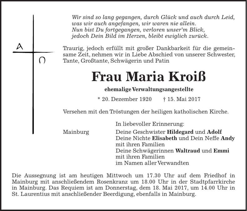 Traueranzeige Maria Kroiß