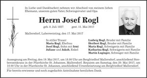 Traueranzeige Josef Rogl