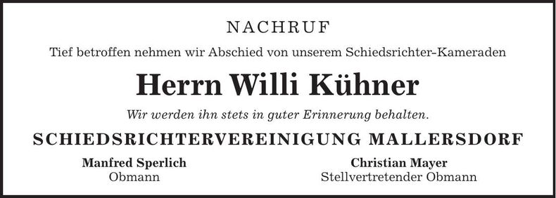 Traueranzeige Willi Kühner