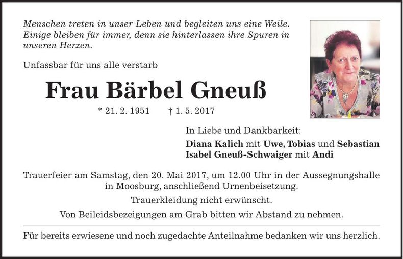 Traueranzeige Bärbel Gneuß