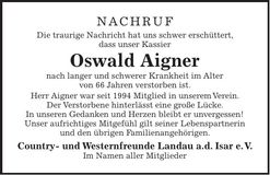 Traueranzeige Oswald Aigner