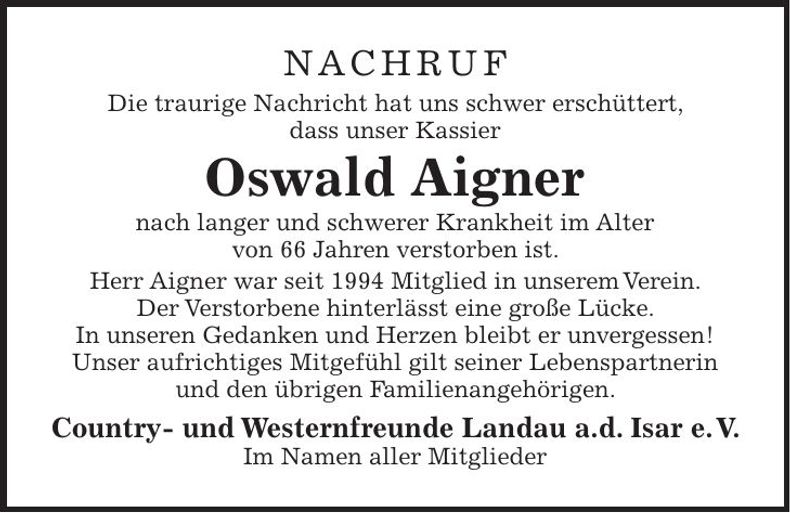 Traueranzeige Oswald Aigner