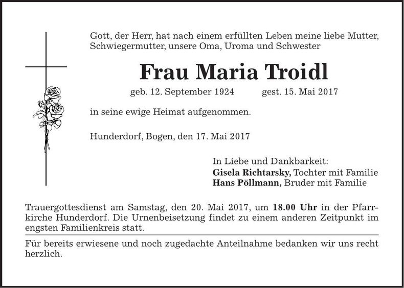 Traueranzeige Maria Troidl