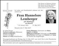 Traueranzeige Hannelore Lemberger