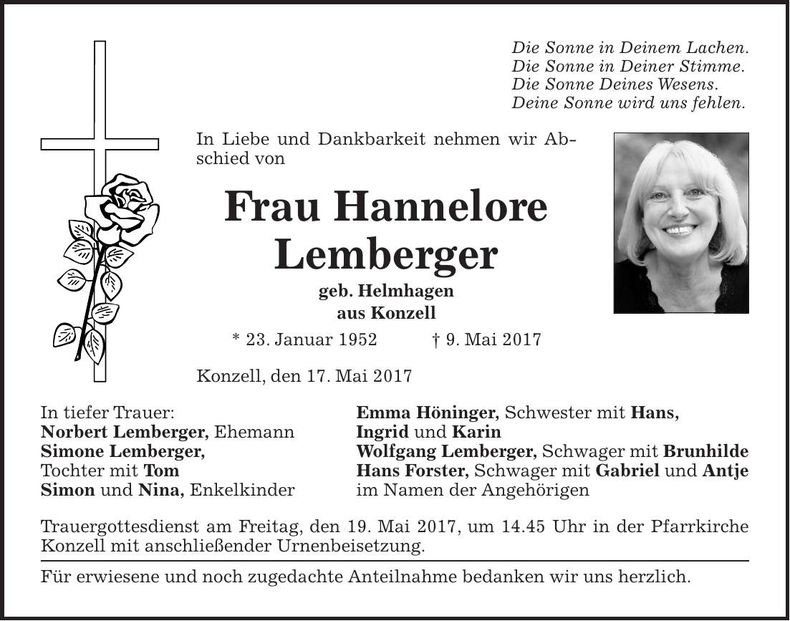 Traueranzeige Hannelore Lemberger