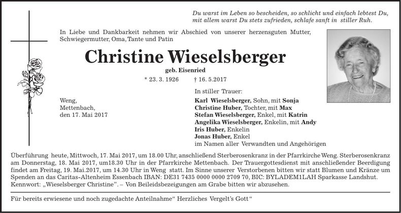 Traueranzeige Christine Wieselsberger