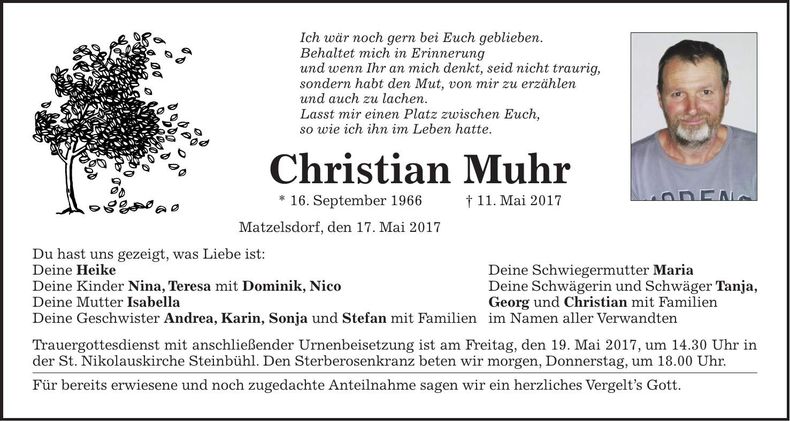 Traueranzeige Christian Muhr