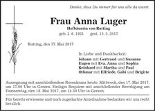 Traueranzeige Anna Luger