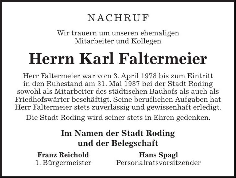 Traueranzeige Karl Faltermeier