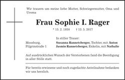 Traueranzeige Sophie I. Rager