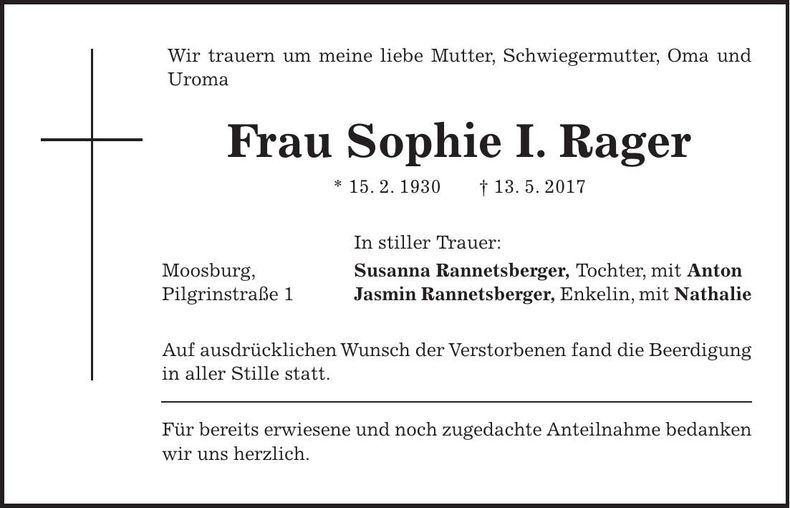 Traueranzeige Sophie I. Rager