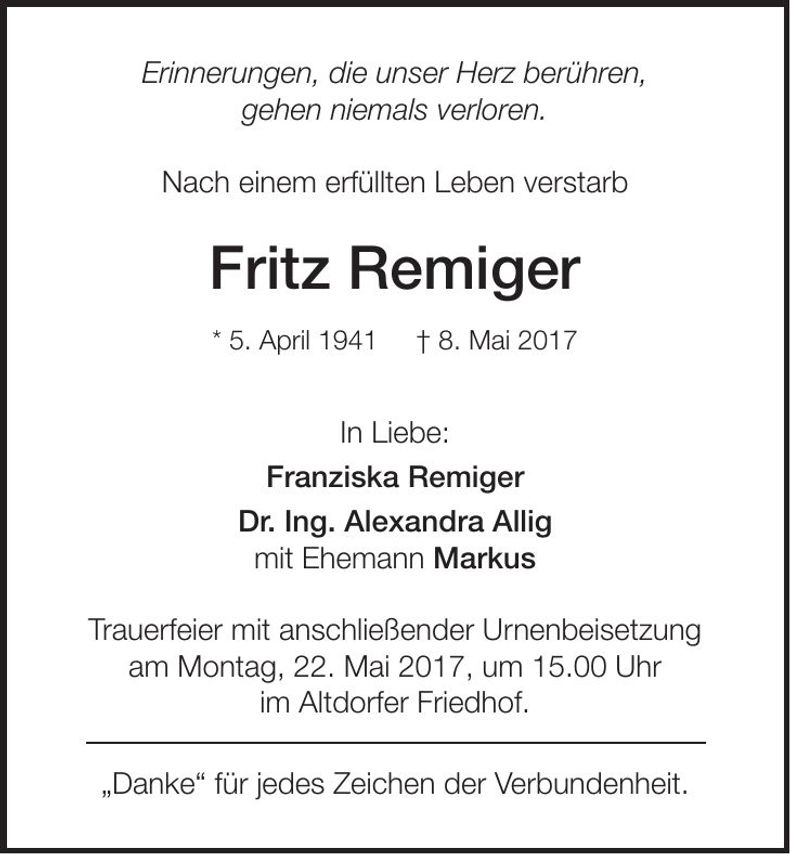 Traueranzeige Fritz Remiger