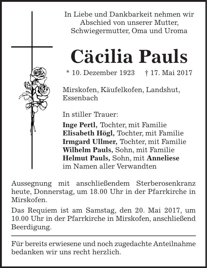 Traueranzeige Cäcilia Pauls