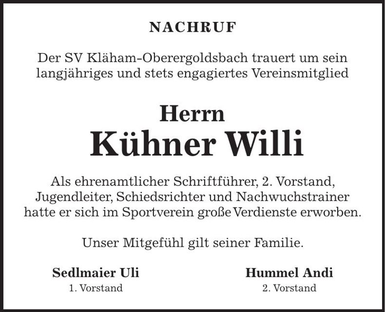 Traueranzeige Willi Kühner