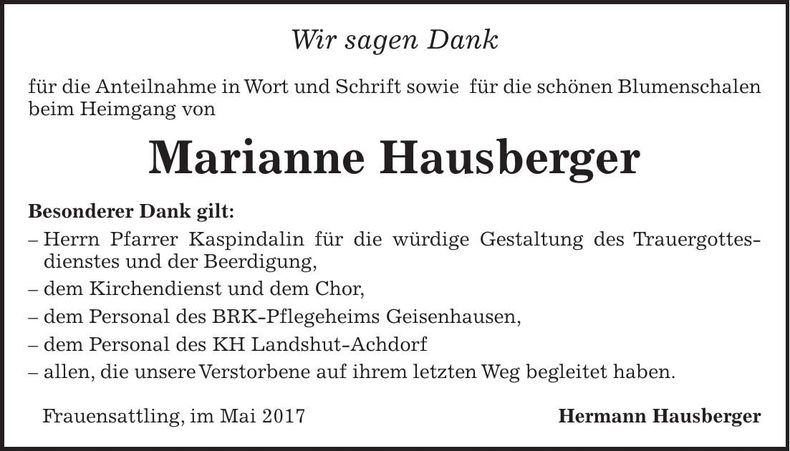 Traueranzeige Marianne Hausberger