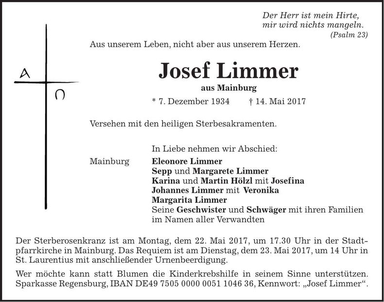 Traueranzeige Josef Limmer