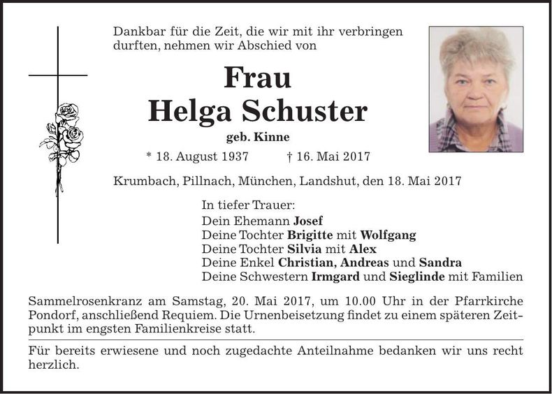 Traueranzeige Helga Schuster