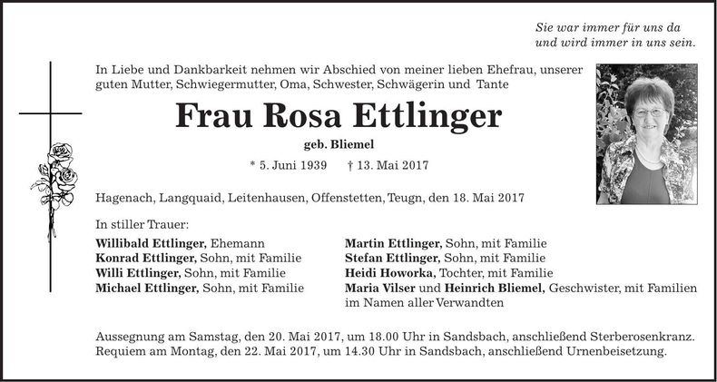Traueranzeige Rosa Ettlinger