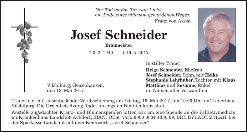 Traueranzeige Josef Schneider