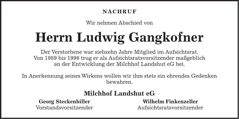 Traueranzeige Ludwig Gangkofner