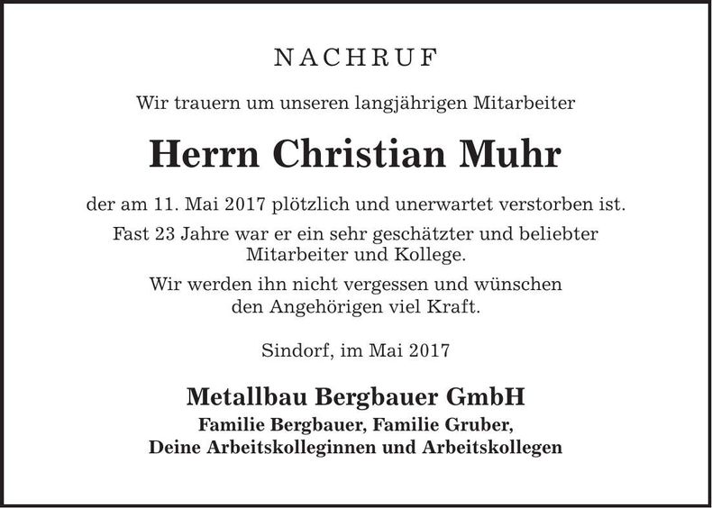 Traueranzeige Christian Muhr