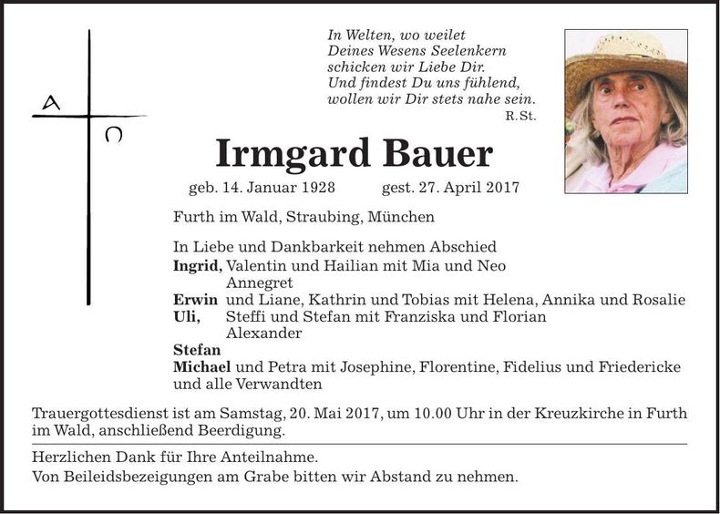 Traueranzeige Irmgard Bauer