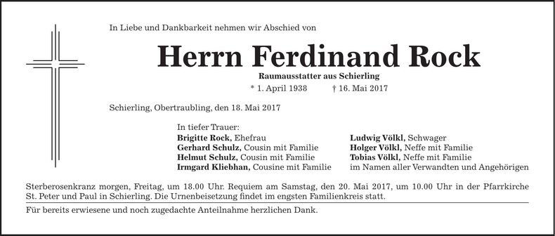 Traueranzeige Ferdinand Rock