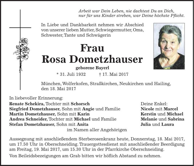 Traueranzeige Rosa Dometzhauser