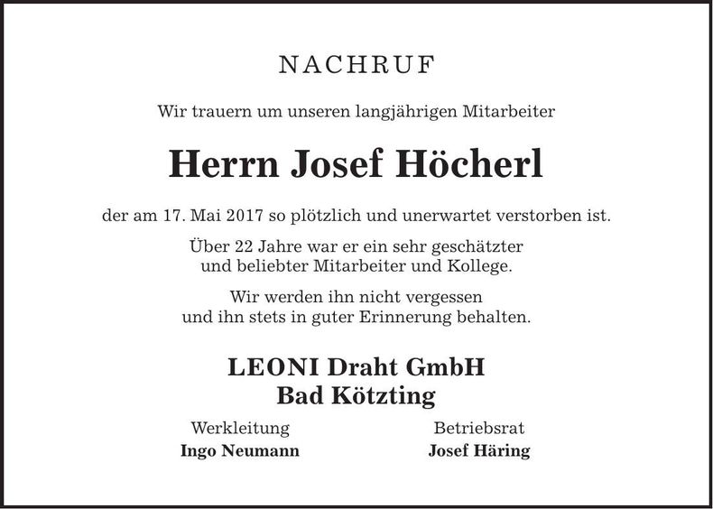 Traueranzeige Josef Höcherl
