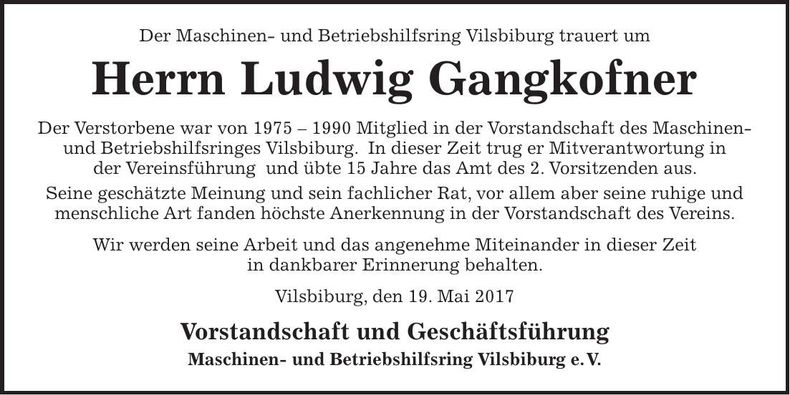 Traueranzeige Ludwig Gangkofner