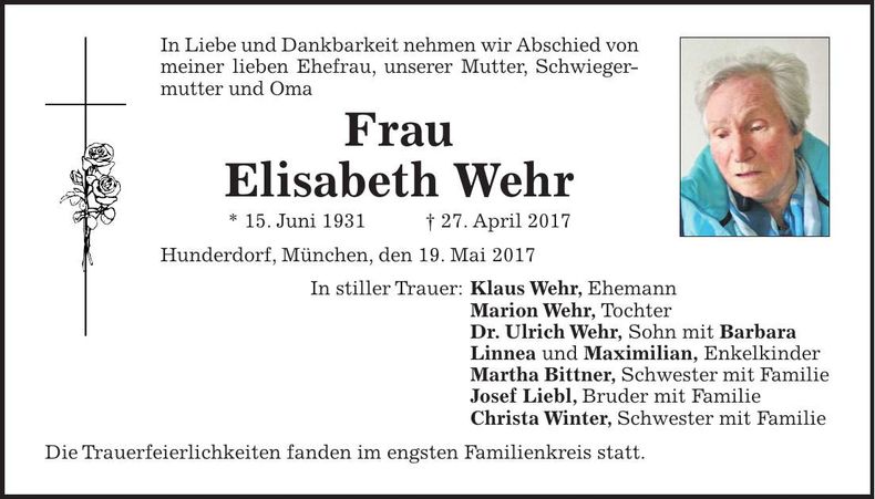Traueranzeige Elisabeth Wehr