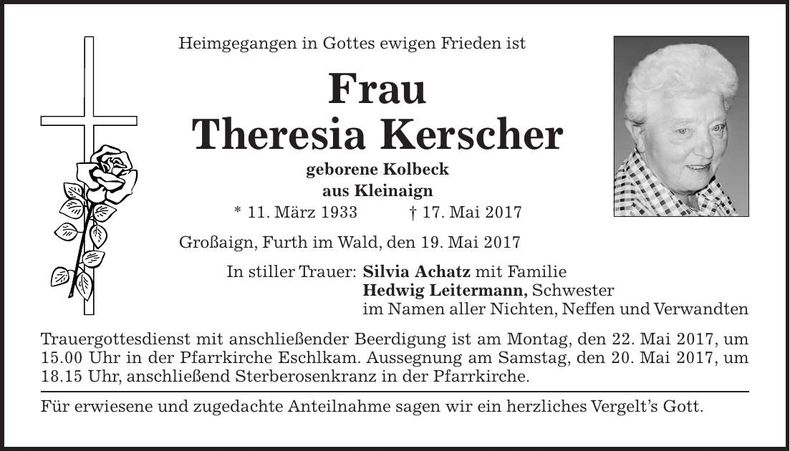Traueranzeige Theresia Kerscher