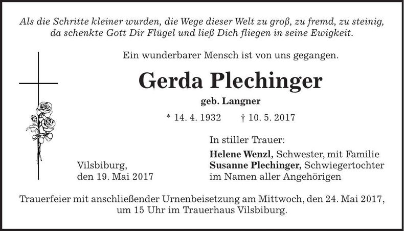 Traueranzeige Gerda Plechinger