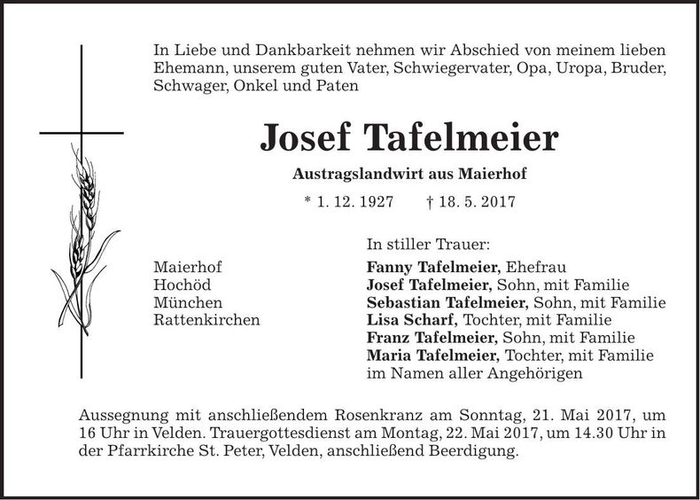 Traueranzeige Josef Tafelmeier