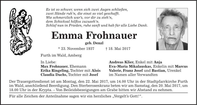 Traueranzeige Emma Frohnauer