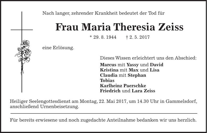 Traueranzeige Maria Theresia Zeiss