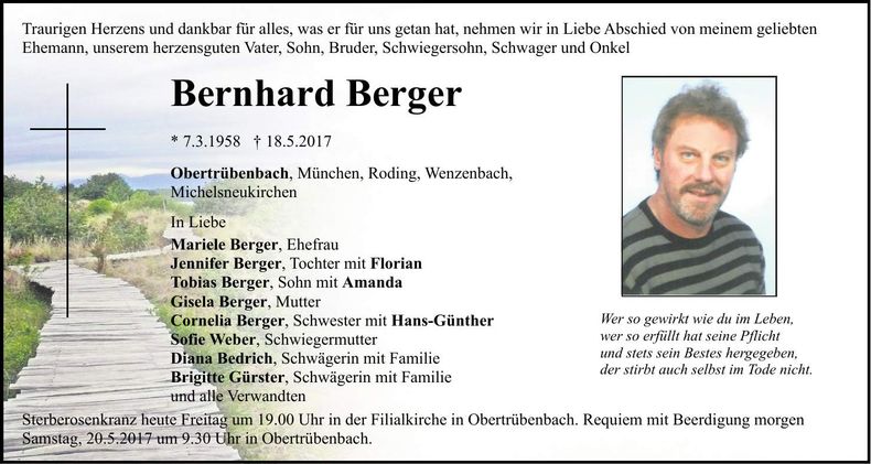 Traueranzeige Bernhard Berger