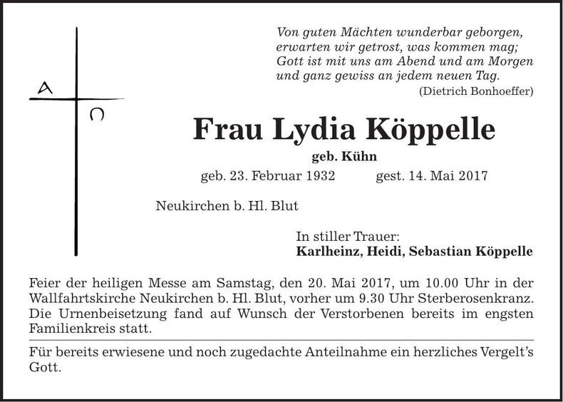 Traueranzeige Lydia Köppelle