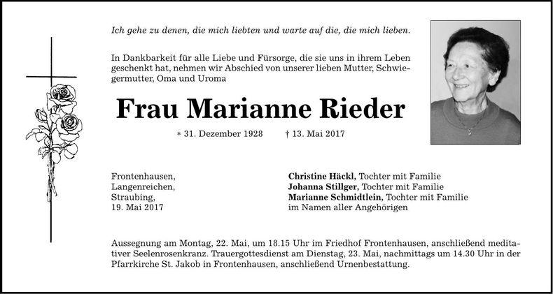 Traueranzeige Marianne Rieder