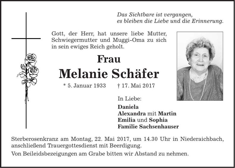 Traueranzeige Melanie Schäfer