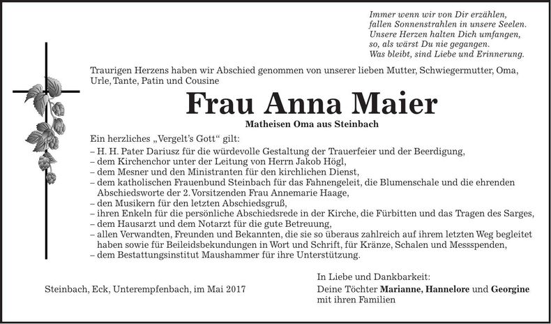 Traueranzeige Anna Maier