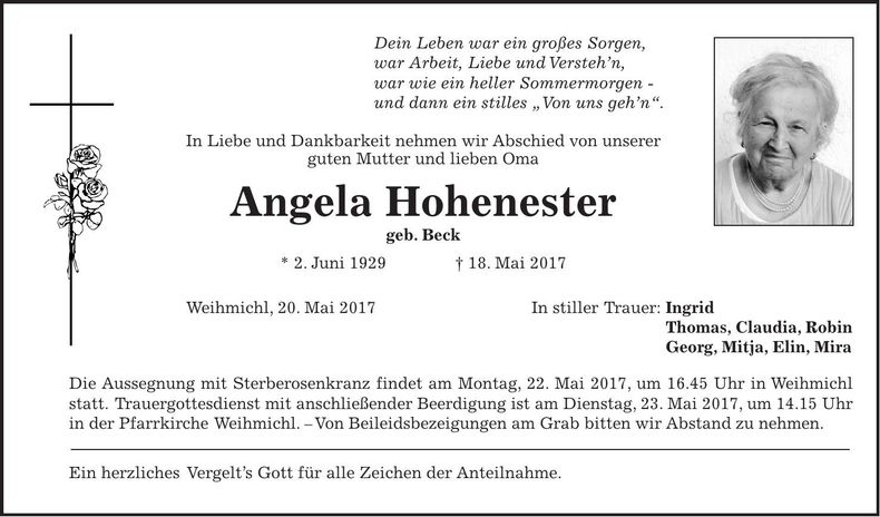 Traueranzeige Angela Hohenester
