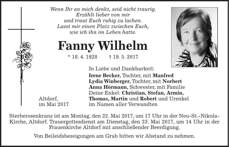 Traueranzeige Fanny Wilhelm