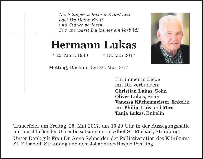 Traueranzeige Hermann Lukas