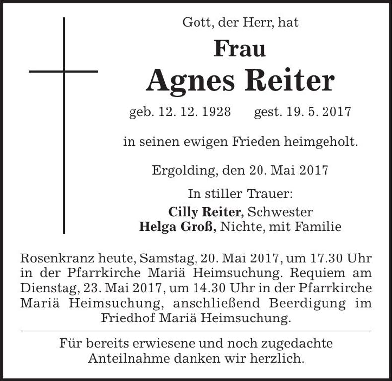 Traueranzeige Agnes Reiter