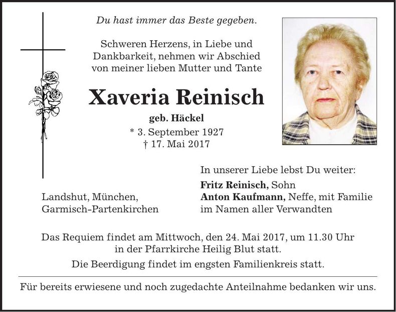 Traueranzeige Xaveria Reinisch