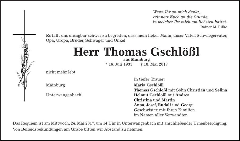 Traueranzeige Thomas Gschlößl