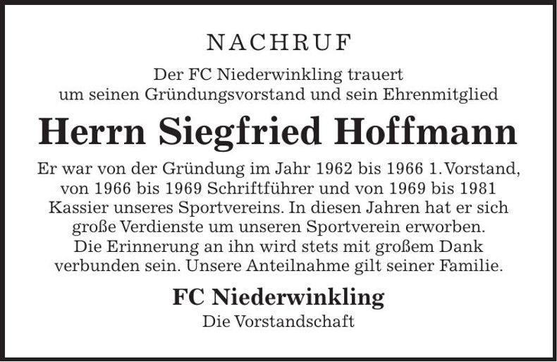 Traueranzeige Siegfried Hoffmann