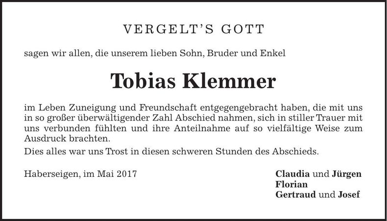 Traueranzeige Tobias Klemmer