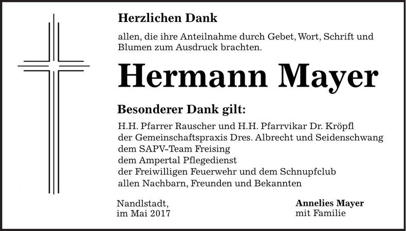 Traueranzeige Hermann Mayer